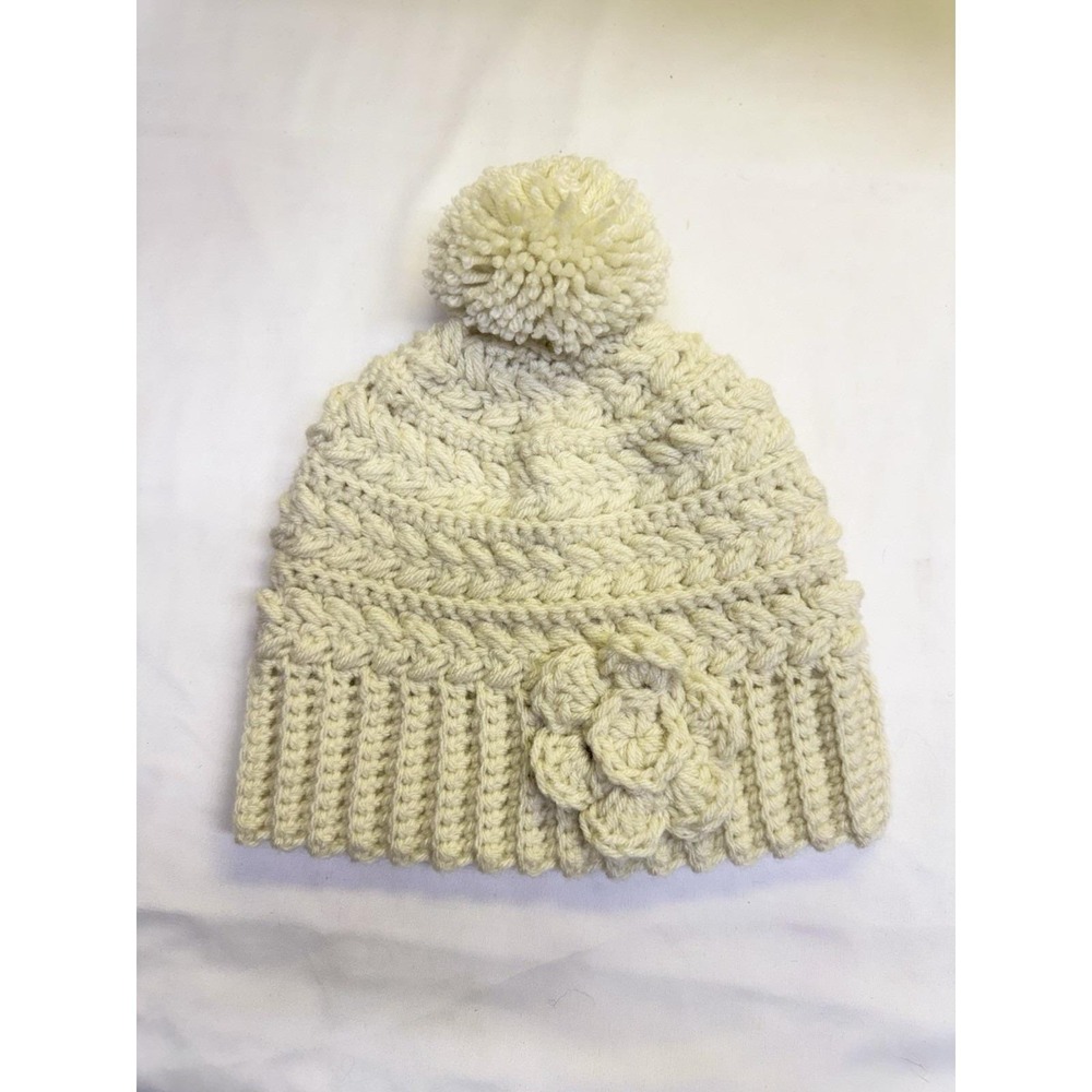 Handmade Crochet Hat w/ Pom Pom & Flower - Cream Ivory Off White Beanie